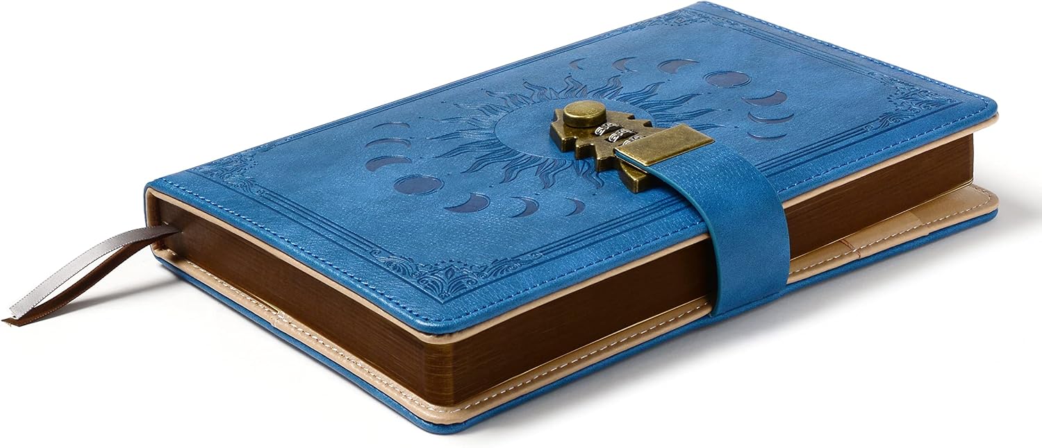 Detalle de ZXHQ Tagebuch mit Schloss A5 (21 x 15 cm) inkl. Stift-Set – nachfüllbares Lederjournal im Vintage-Look