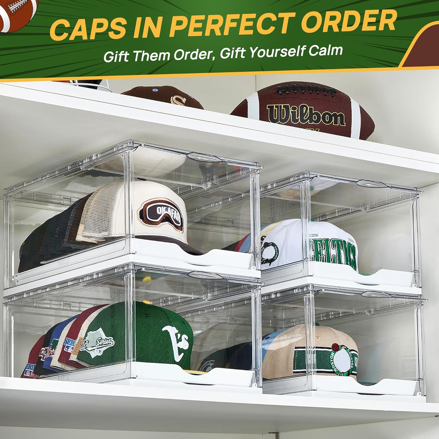 Detalle de Vtopmart 2 Pack Hat Organizer: Clear, Stackable Storage for 24 Hats with Sliding Tray