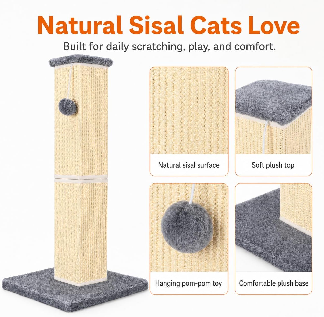 Detalle 2 de YULOYI Cat Scratching Post for Large Indoor Cats – 81cm, Natural Sisal, Stable Base, Grey