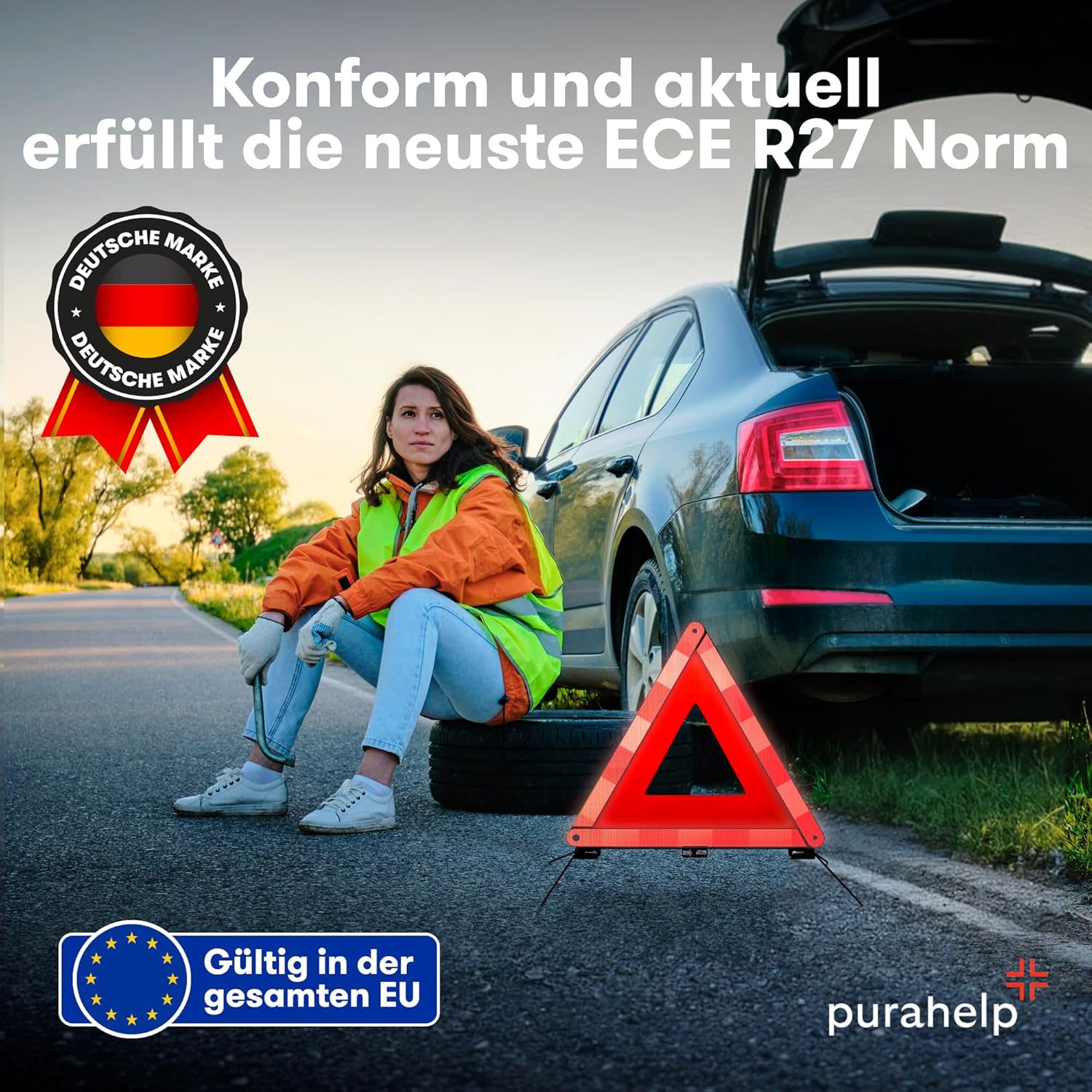 Detalle de PURAHELP Warndreieck KFZ Faltbar – ECE R27, bis 250 m sichtbar, kompakt & klappbar