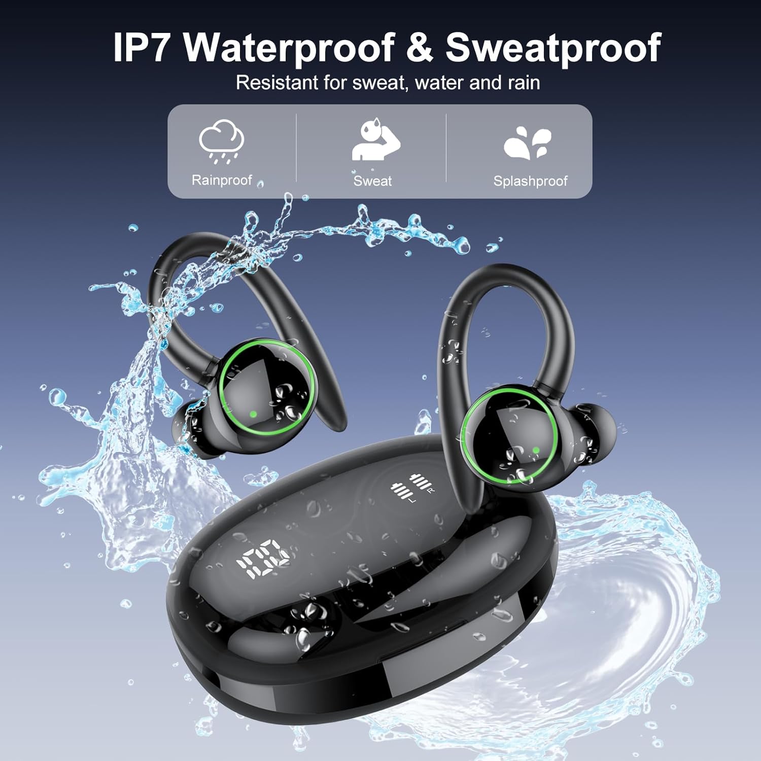 Thumbnail 4 de Wireless Earbuds Bluetooth 5.4 Sport Headphones with ENC Mic, 48H Battery, Earhooks, IP7 Waterproof (Black)