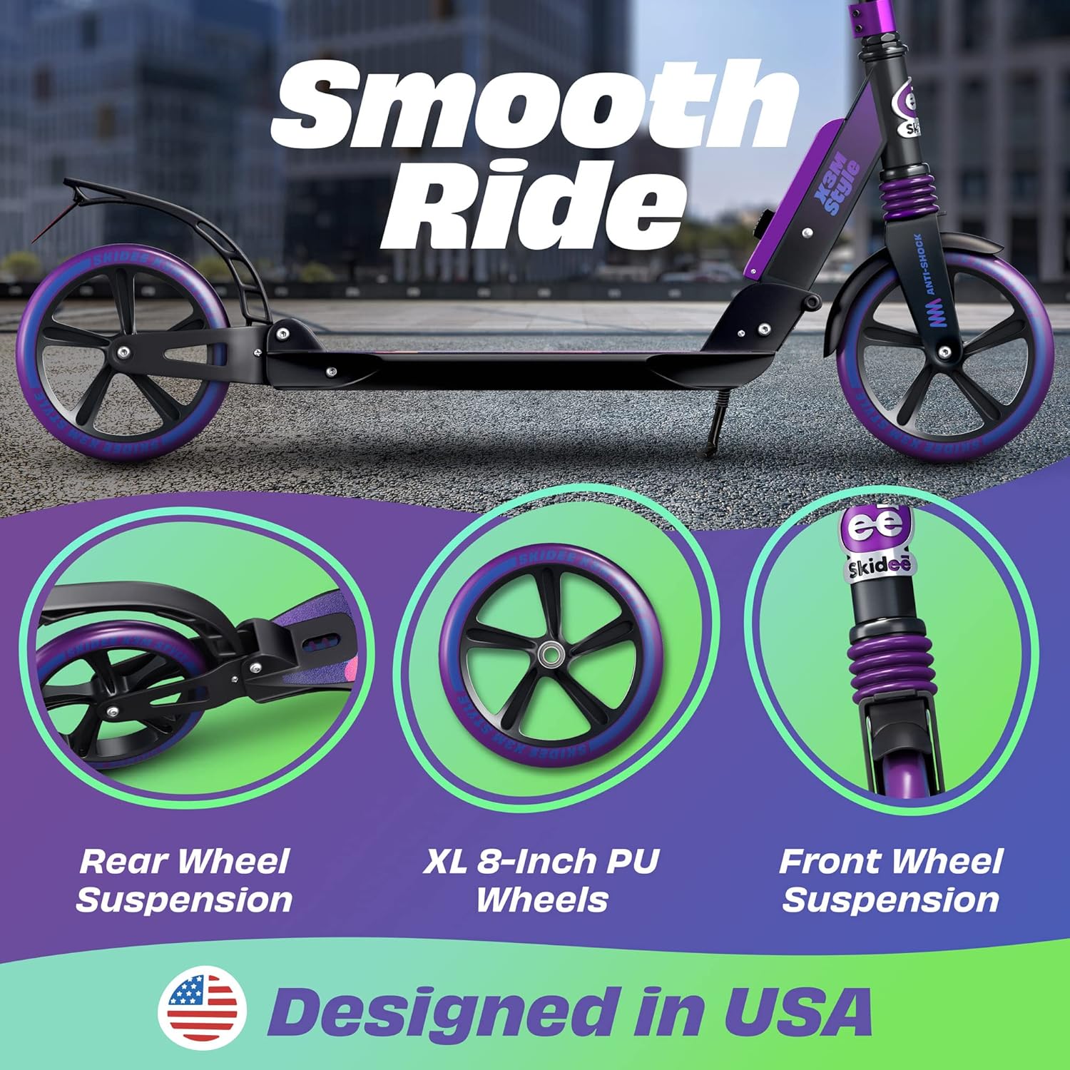 Thumbnail 1 de Skidee Adult & Teen Scooter: Adjustable, Foldable, and Lightweight with Anti-Shock Suspension