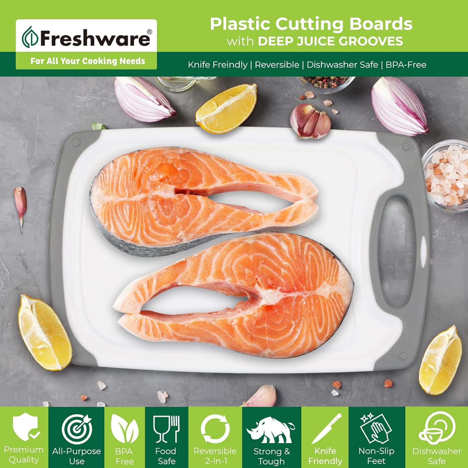 Thumbnail 2 de Freshware Kitchen Cutting Boards (3-Pack) with Juice Grooves, Non Slip Handles, Reversible & Dishwasher Safe (Gray)