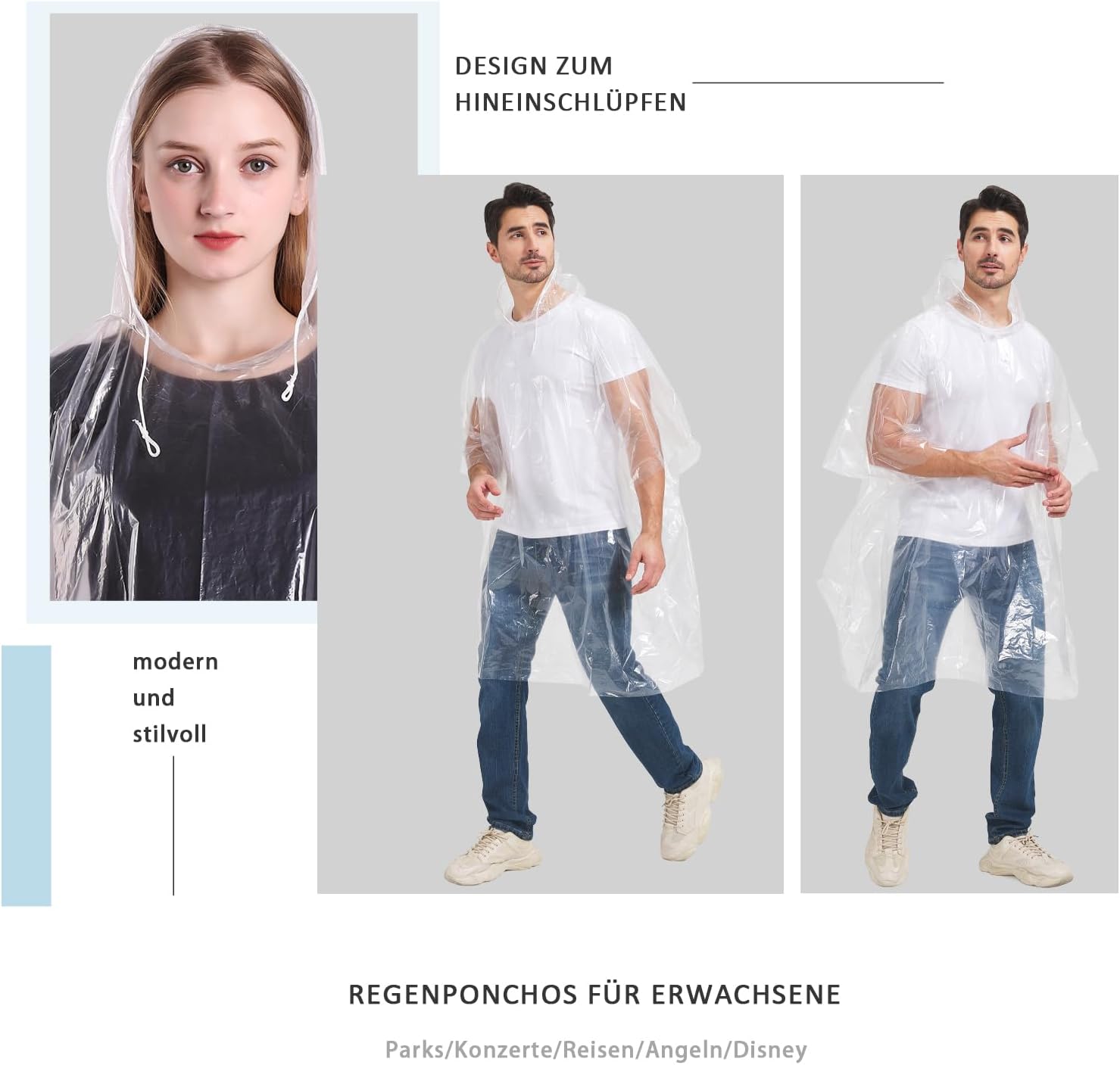 Detalle de TUNCHMO 6 Stück Durchsichtige Regenponchos mit Kapuze – Notfall‑Regenschutz, 0,035 mm PE, transparent