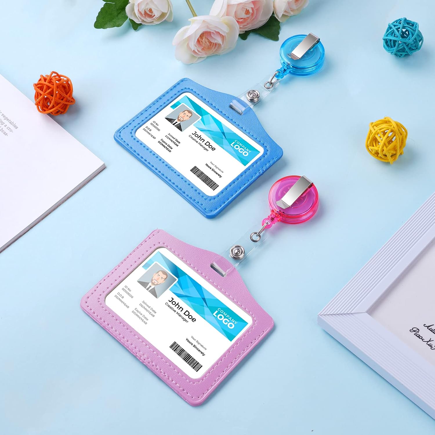 Detalle 1 de Vicloon ID-korthållare i PU-läder med utdragbar rulle, ljusblå och rosa, 2-pack