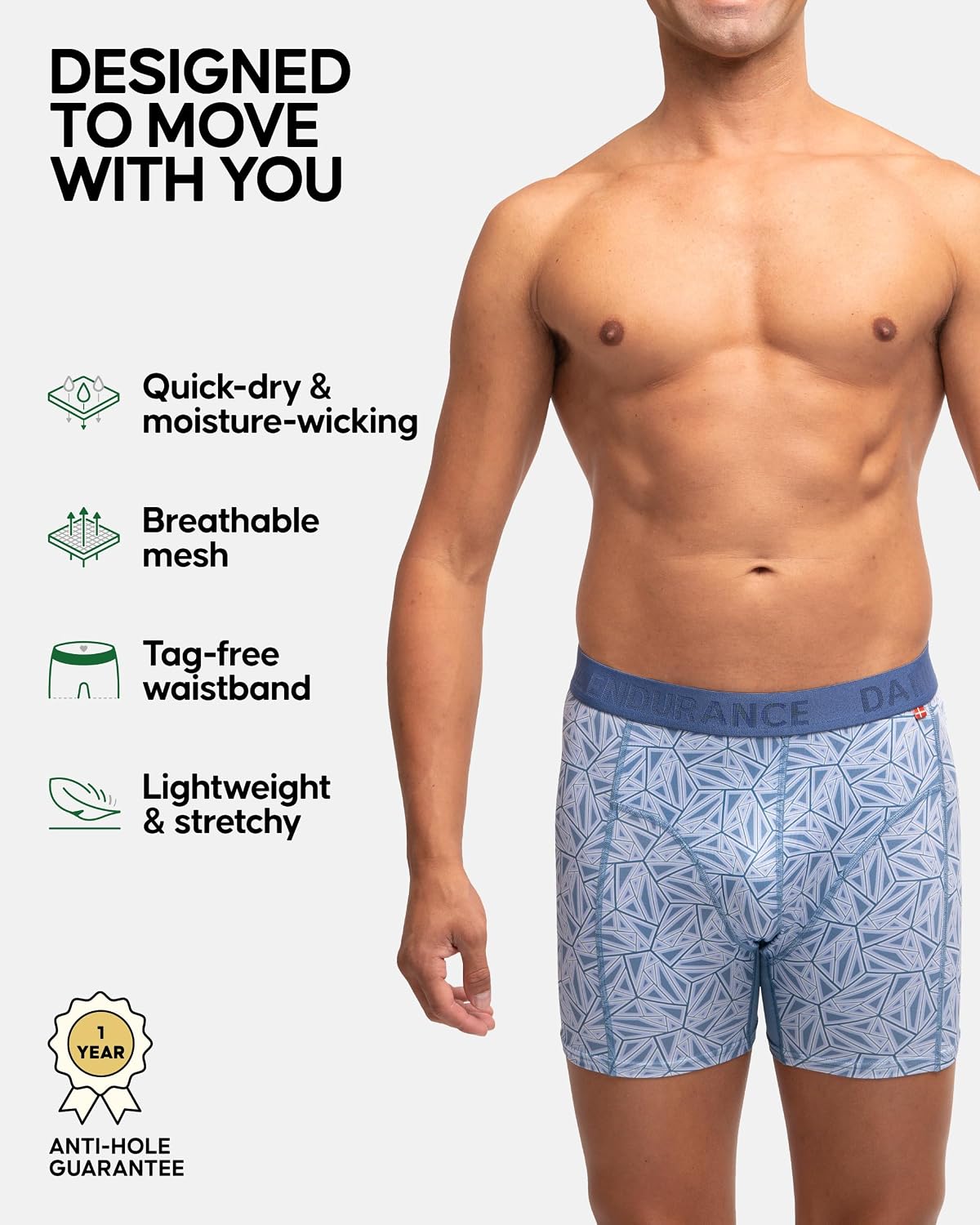 Detalle de DANISH ENDURANCE Running Boxers Men: Anti-Chafe, Moisture-Wicking Base Layer (Regular or Long Leg) — 3 Pack