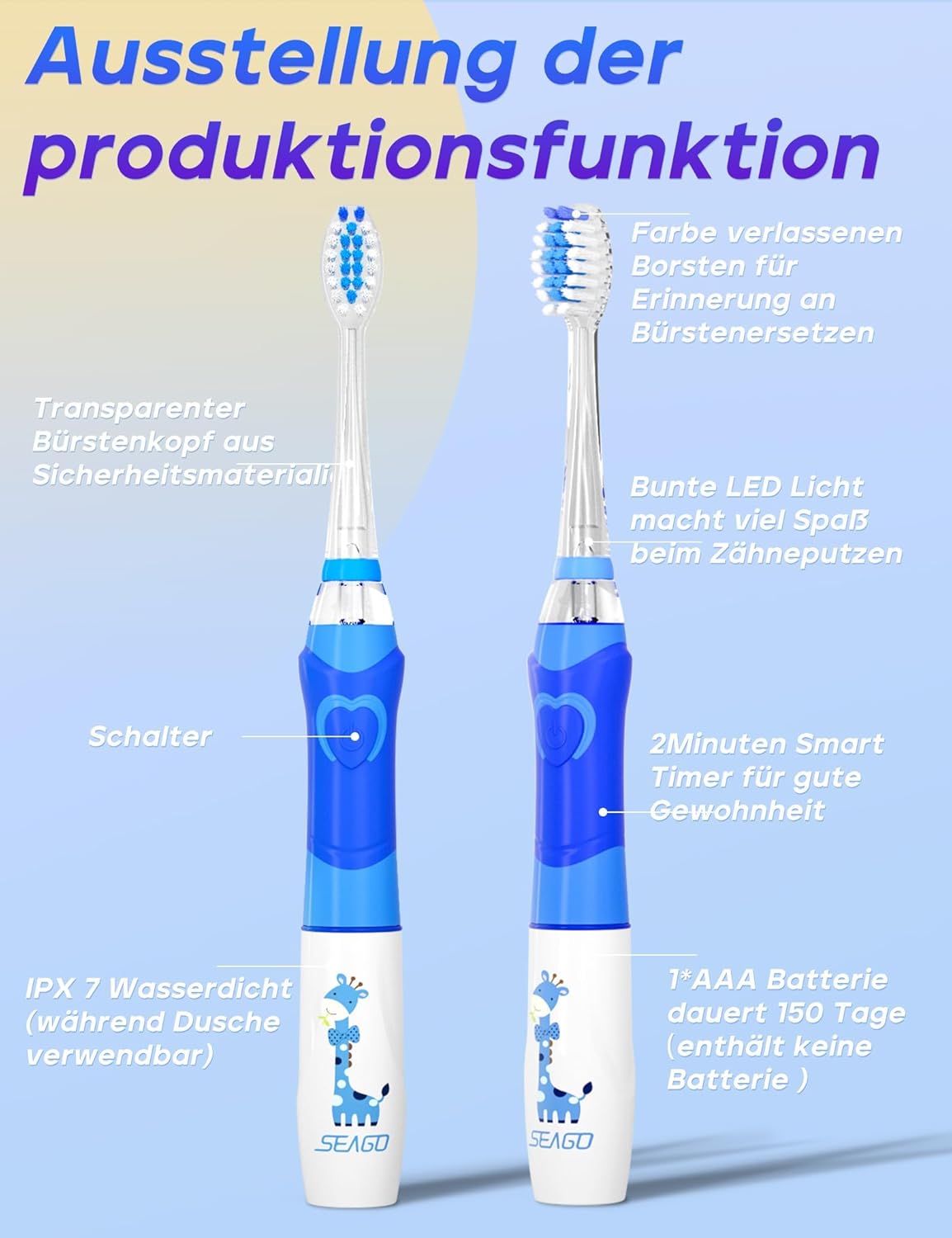 Thumbnail 4 de Seago elektrische Zahnbürste für Kinder ab 2 (SG977, blau) mit 4 Modi, LED-Licht & 4 extra-weichen Bürstenköpfen