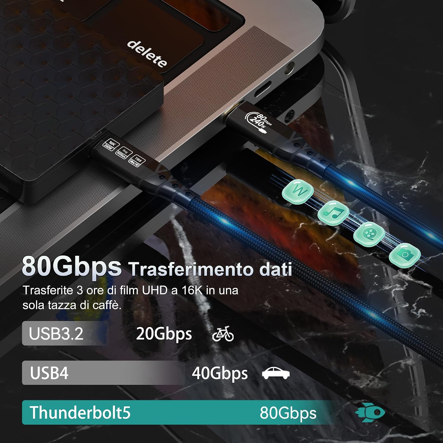 Thumbnail 2 de Cavo USB-C Thunderbolt 5 da 2 m ZIKNYDO: prestazioni elevate per MacBook M4 Pro e workstation