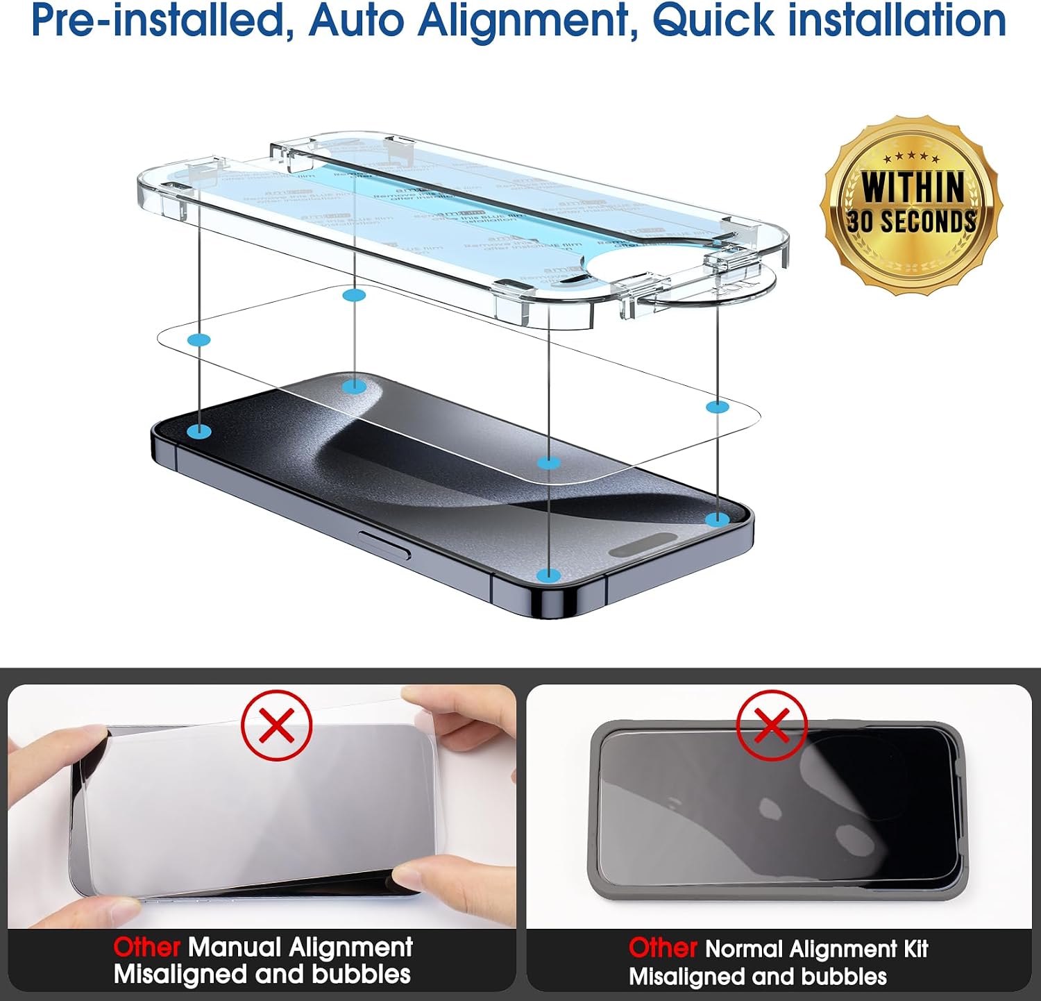 Detalle de amFilm OneTouch OT-IPH15P-6.1 iPhone 15 Pro Screen Protector, 9H Glass, 2+2 Pack