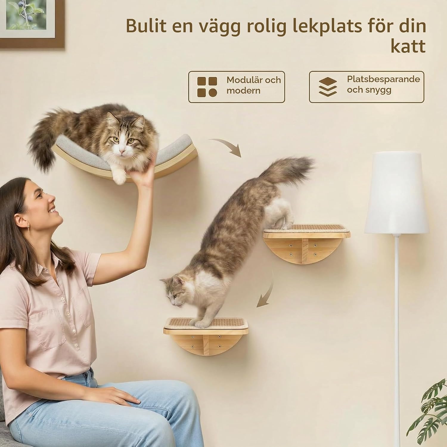 Detalle 2 de PELUOMOZ YM475-SET YELLOW-H-1+ kattväggsmöbel med skumkudde och sisalsteg