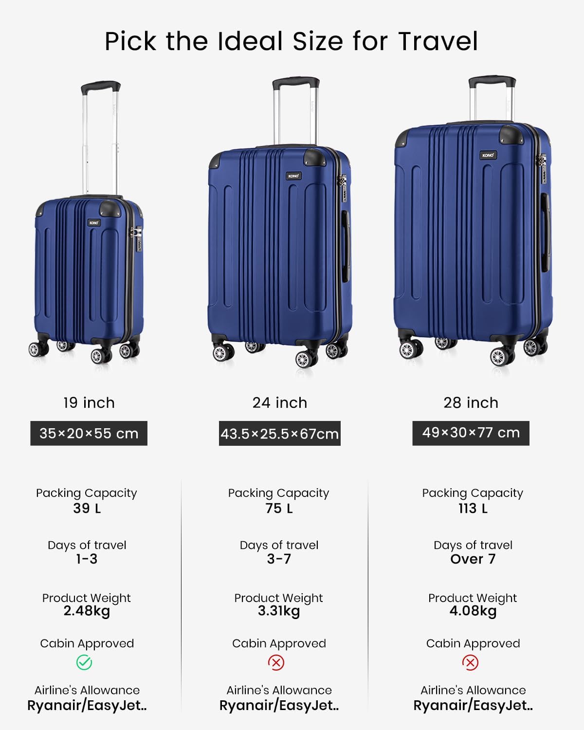 Thumbnail 6 de Kono 28 Inch Large Hard Shell Luggage: Durable ABS+PC Spinner Suitcase