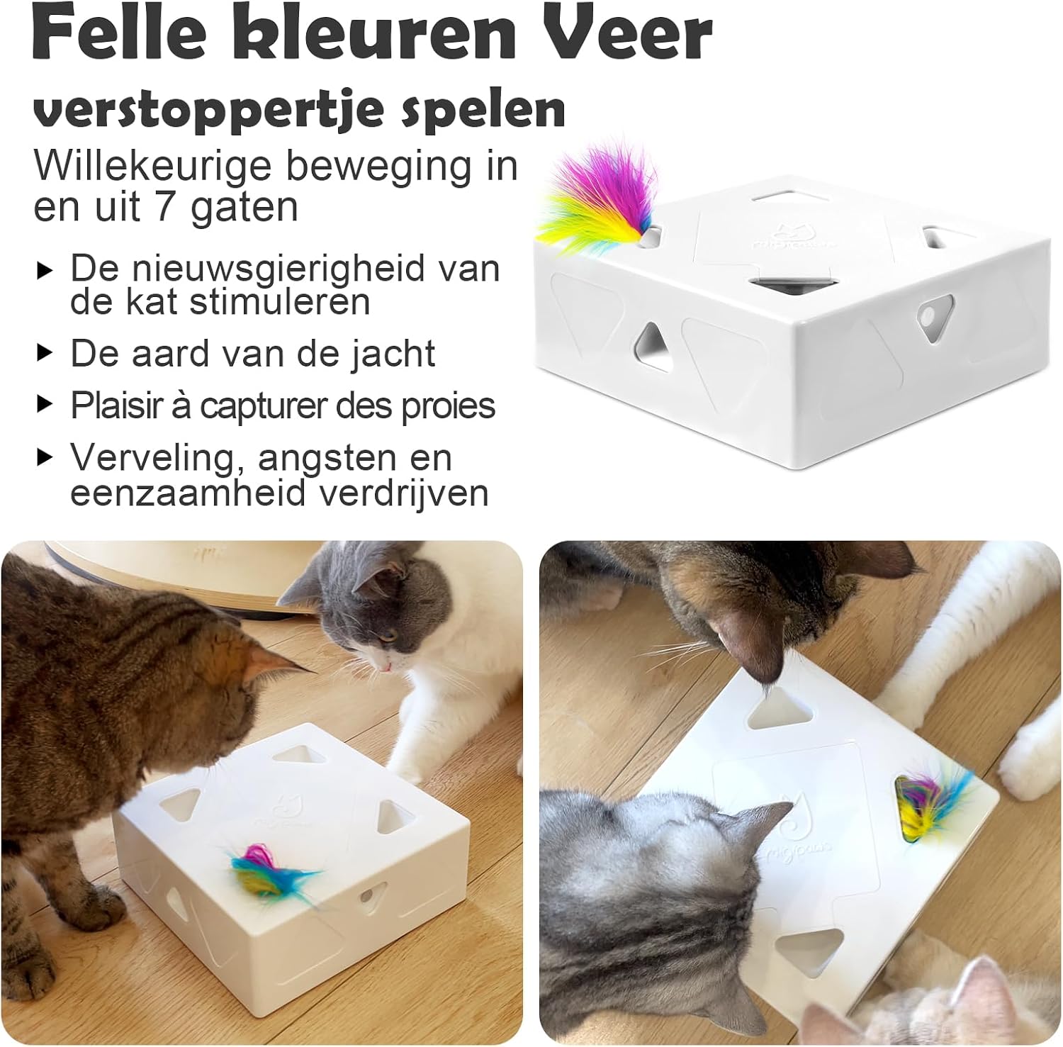 Detalle de Migipaws MigiBox kattenspeelgoed met 7 gaten, bewegingssensor en USB-C