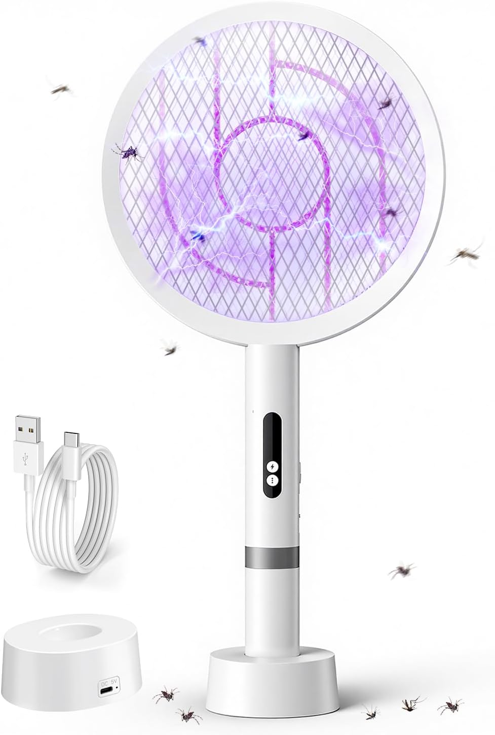 Detalle de Molxss Electric Fly Swatter Rechargeable – 1800mAh, 4000V Mosquito Zapper with USB-C & Charging Base