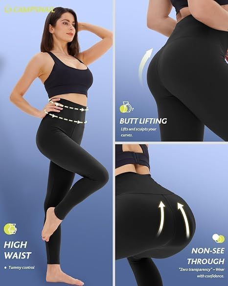 Detalle de CAMPSNAIL Women's Leggings, 4-Pack High-Waisted Black Pants with Pockets