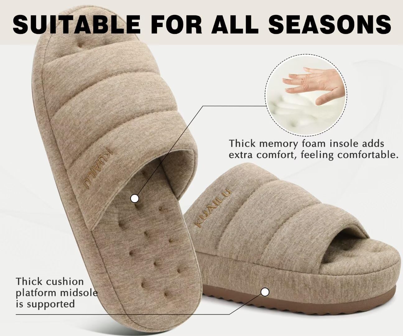 Detalle de KuaiLu Men’s Quilted Cotton-Blend Slippers with Memory Foam, Open Toe & Hard Rubber Sole