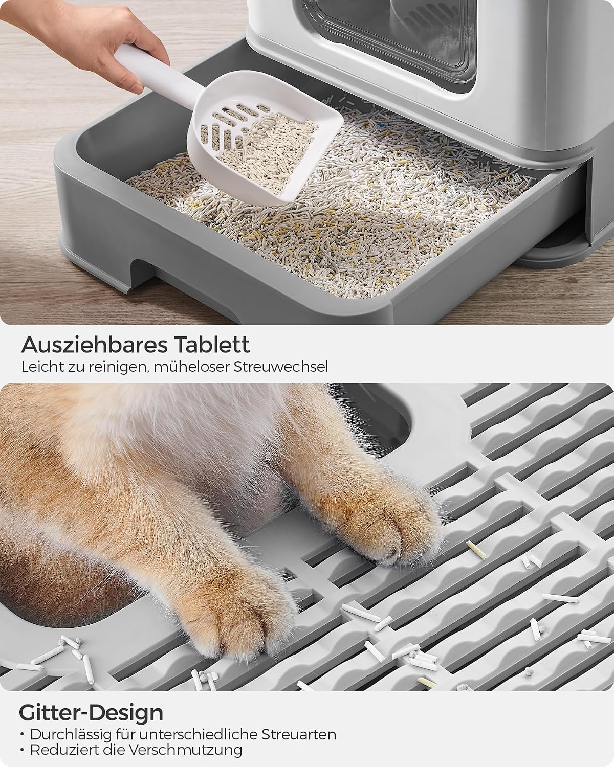 Detalle de Feandrea Katzentoilette mit Deckel, ausziehbares Tablett und Schaufel – ideal für große Katzen bis 15 kg