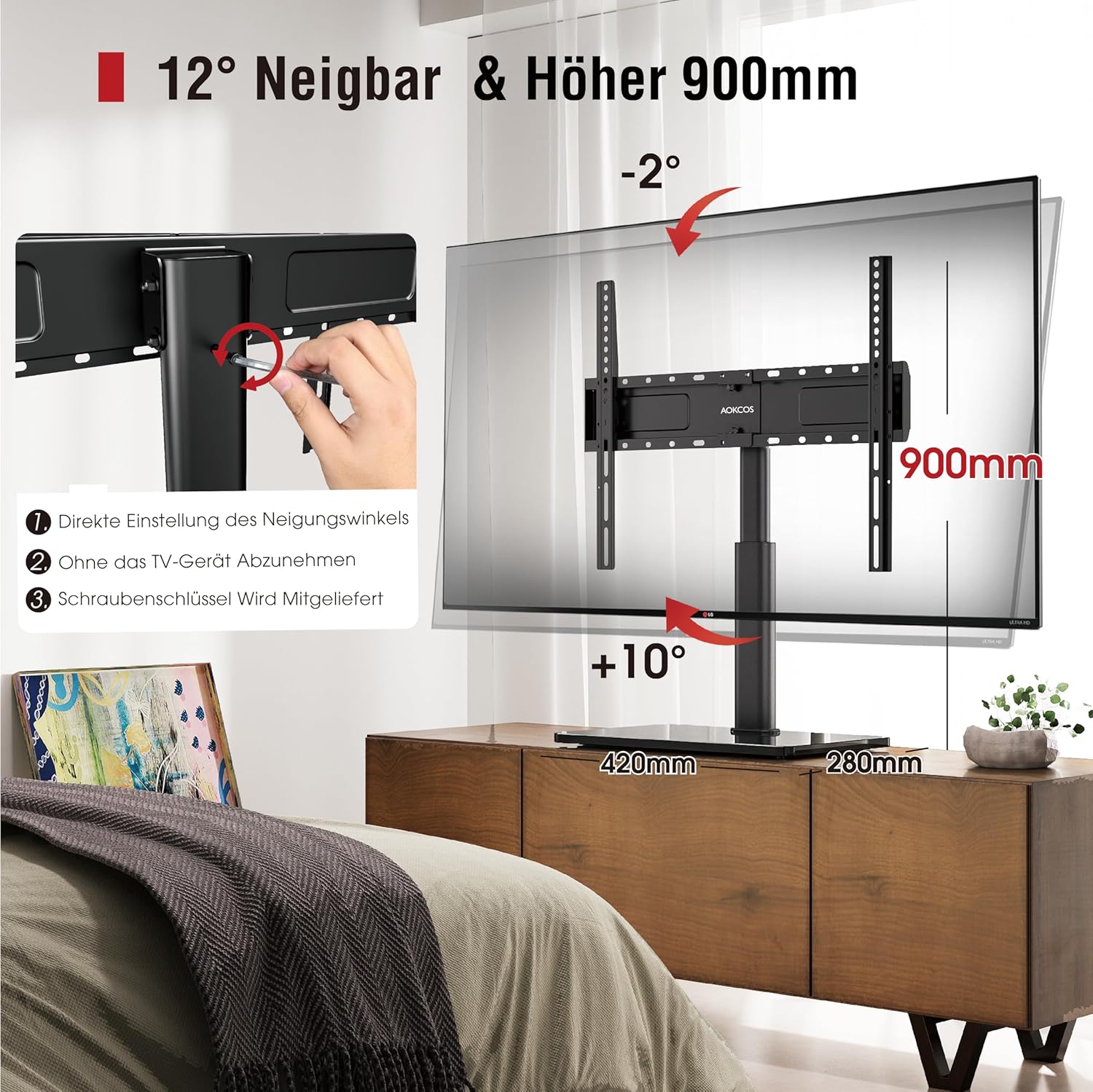 Detalle de AOKCOS TV Standfuss: Höheneinstellung 900 mm, neigbar & schwenkbar für 32–75 Zoll Fernseher