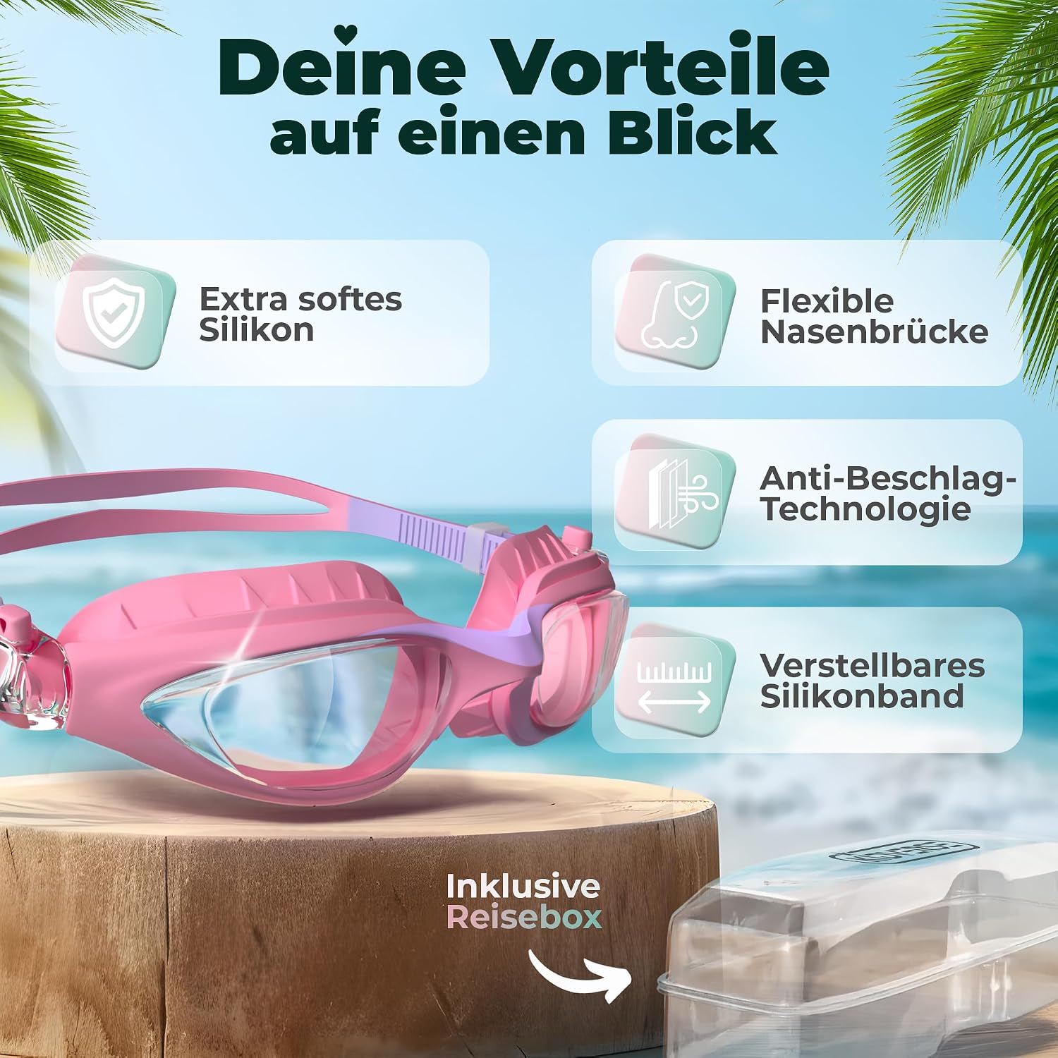 Detalle 2 de KIDVERSE Schwimmbrille Kinder – Bequeme Taucherbrille für 3–13 Jahre mit UV-Schutz, Anti-Beschlag und passgenauer Dichtung