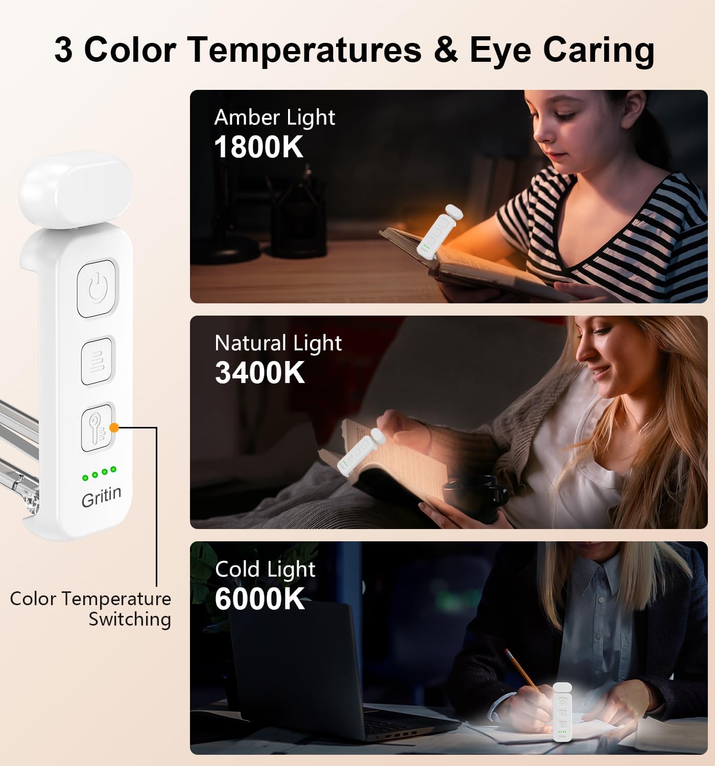 Thumbnail 3 de Gritin Reading Light: Rechargeable Clip-On Book Lamp with Eye-Care 3 Color Temps
