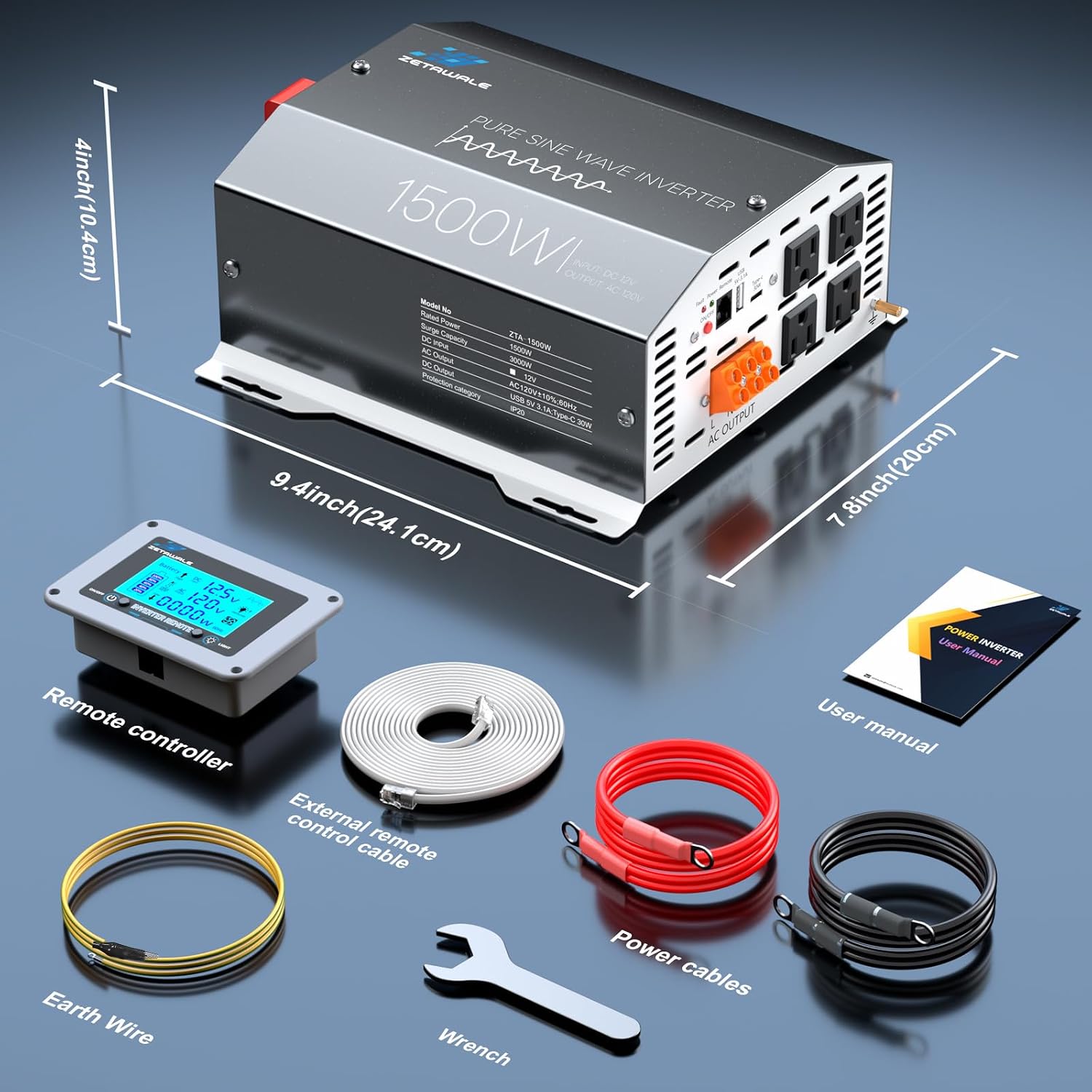 Thumbnail 6 de 1500W Pure Sine Wave Inverter 12V DC to 110V/120V AC with LCD Remote and 4 Outlets
