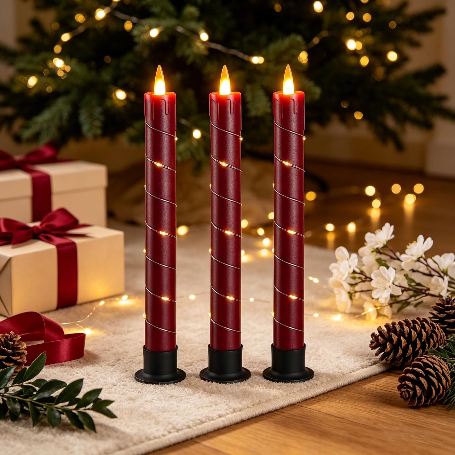 Detalle de Da by 3 Candele LED Rosse con Luci Fatate Avvolgenti e Telecomando – Set da 3