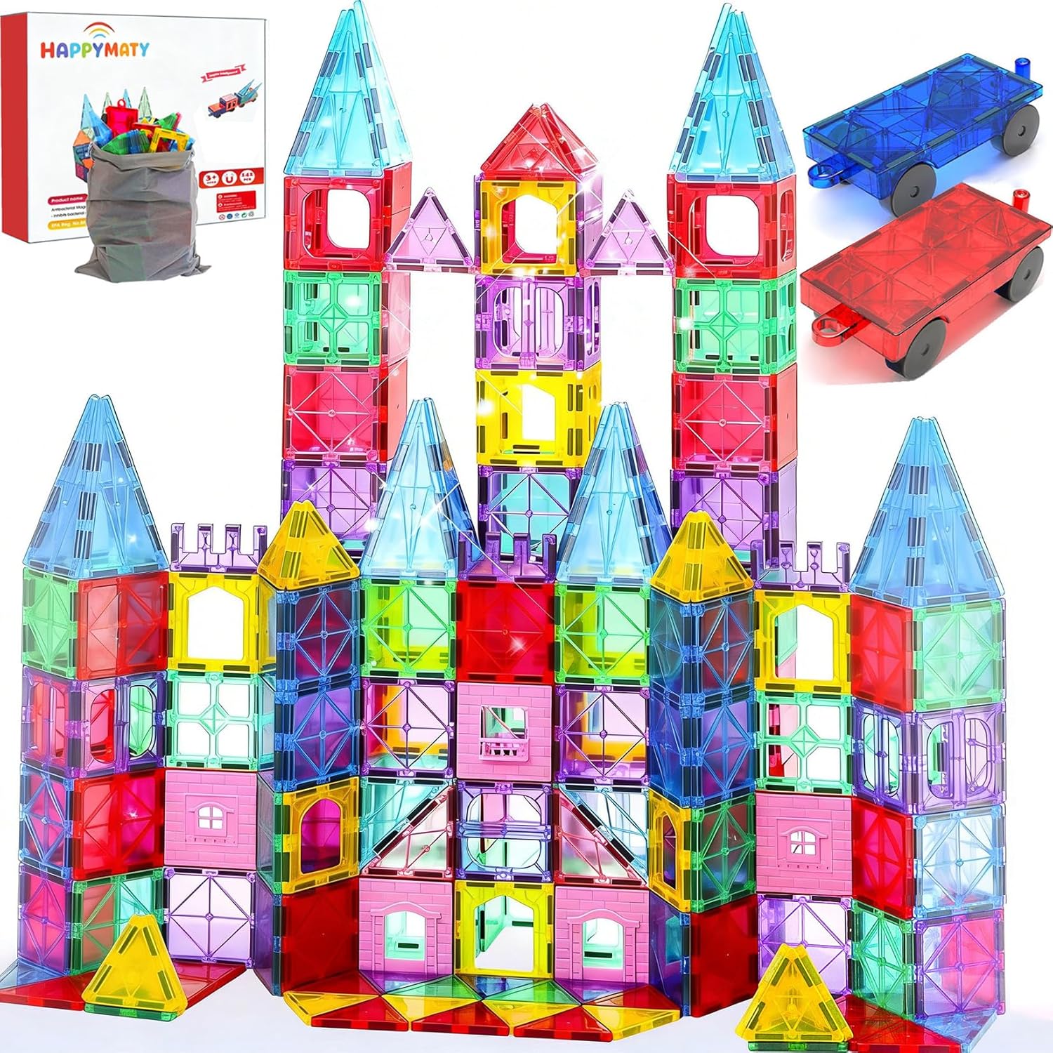 Detalle de HAPPYMATY Upgraded Antibacterial Magnetic Tiles (106 PCS) with 2 Cars for Kids