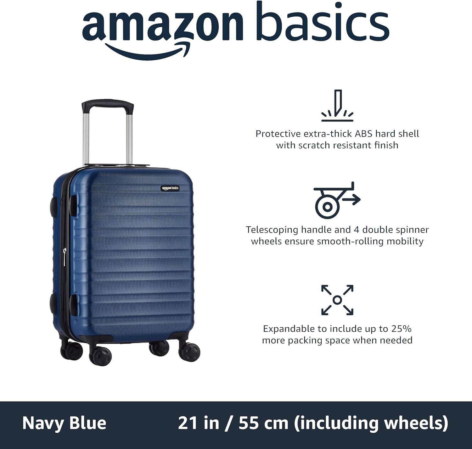 Detalle 2 de Amazon Basics Hard Shell Small Suitcase (55cm) – Expandable ABS, Navy Blue