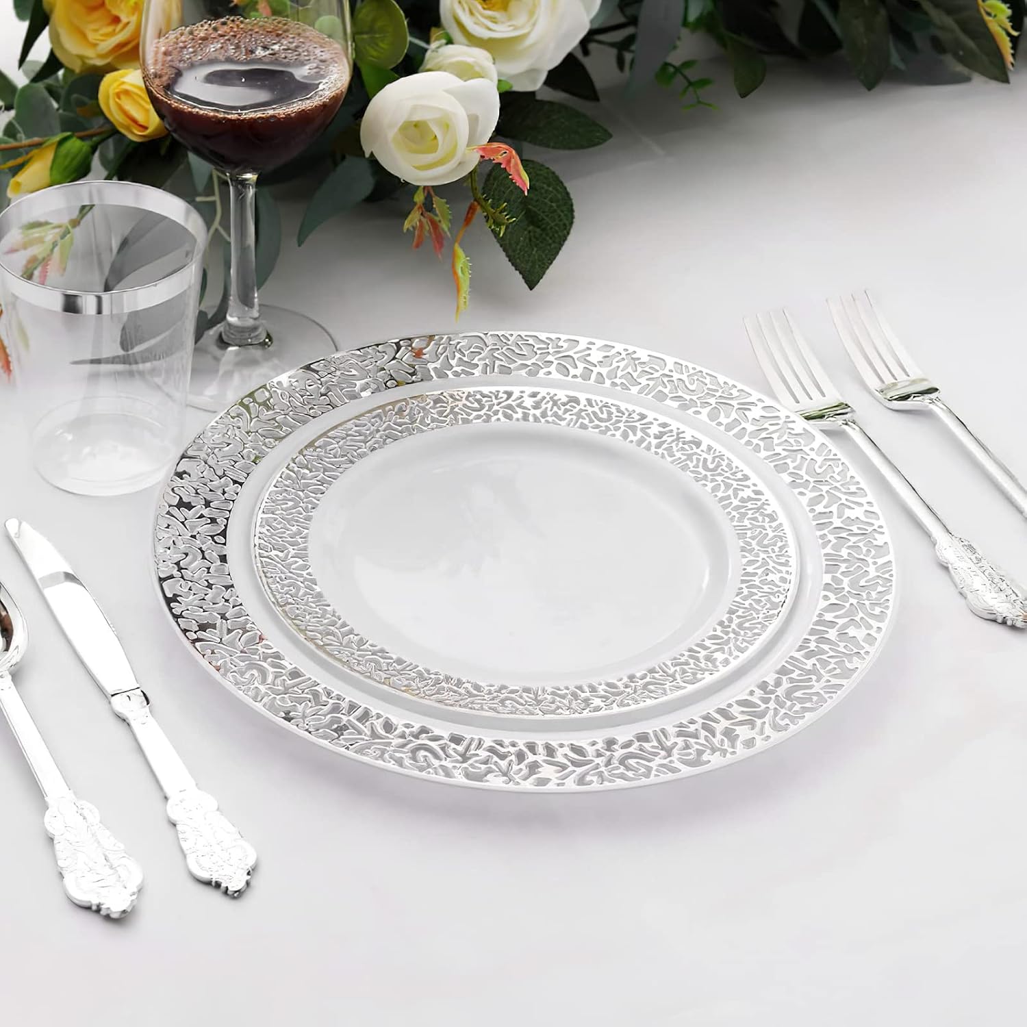 Detalle de Mdtrade WT-00366 150-Piece Silver Plastic Dinnerware Set, BPA-Free