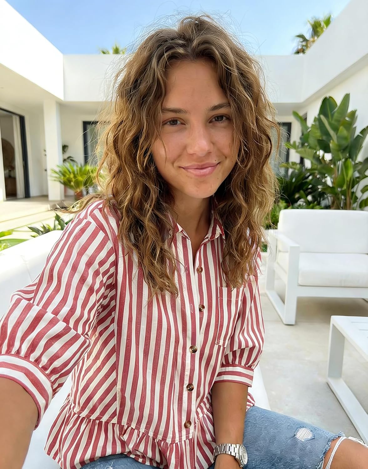 Detalle de Dokotoo Cropped Button-Down Striped Shirt with 3/4 Sleeves