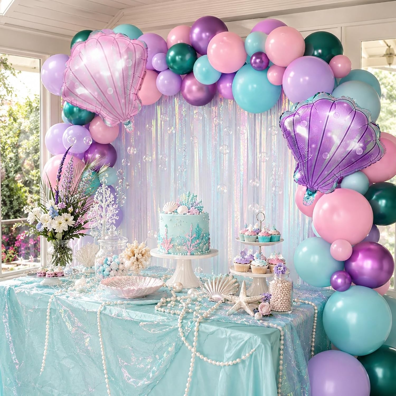 Thumbnail 6 de Mermaid Balloons Macaron Pink Purple Green Metallic Set with Seashell Foil Balloons for Ocean-Themed Girl Parties