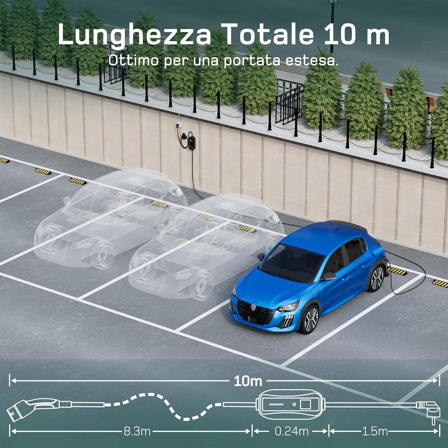 Detalle de Dé Cavo Ricarica Auto Elettrica Tipo 2 Schuko 10m – Wallbox Portatile con LCD e supporto, 3,7 kW