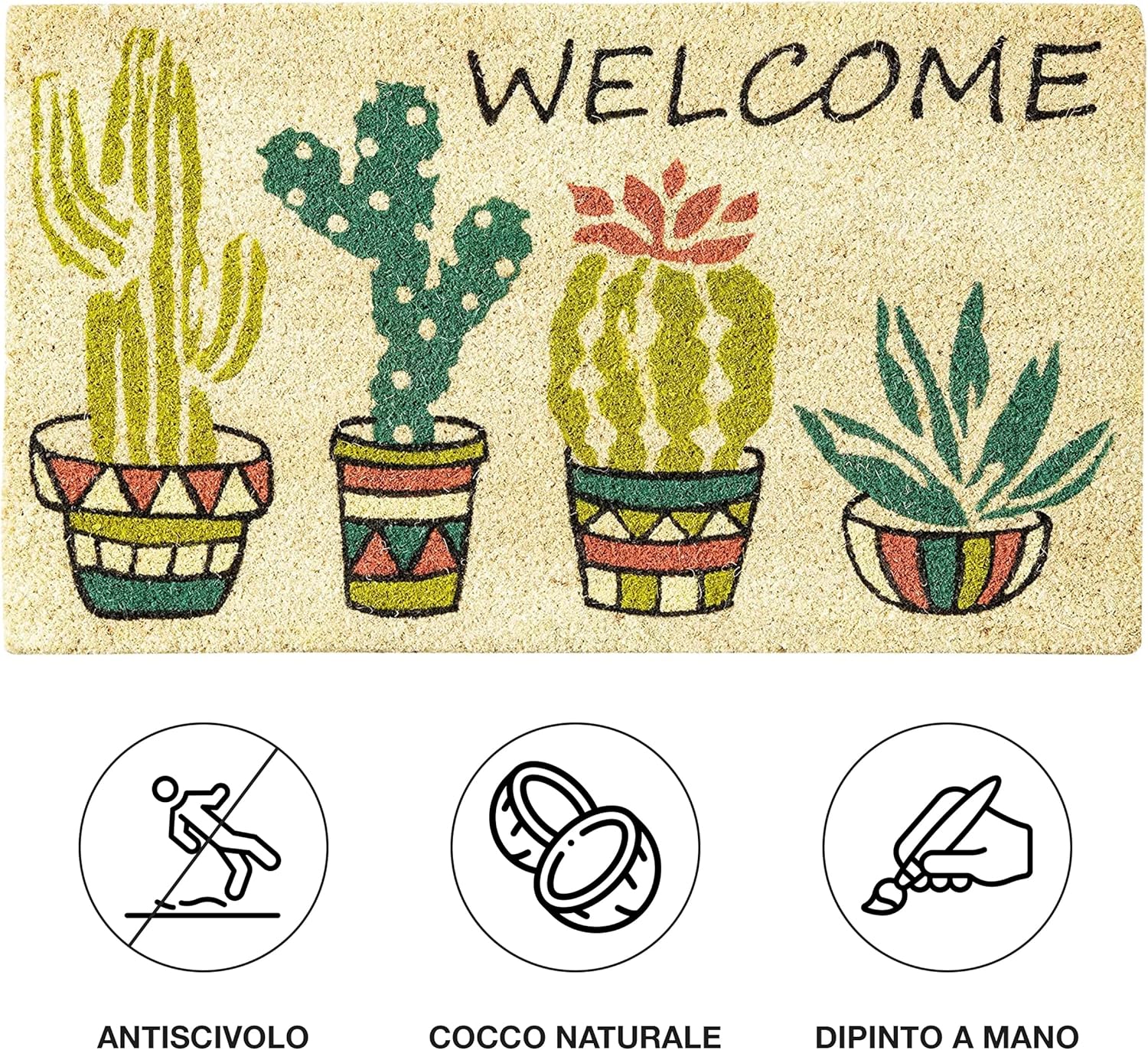 Detalle de Baroni Home Zerbino Ingresso Casa in Fibra di Cocco Dipinto a Mano 70x40 cm – Welcome cactus