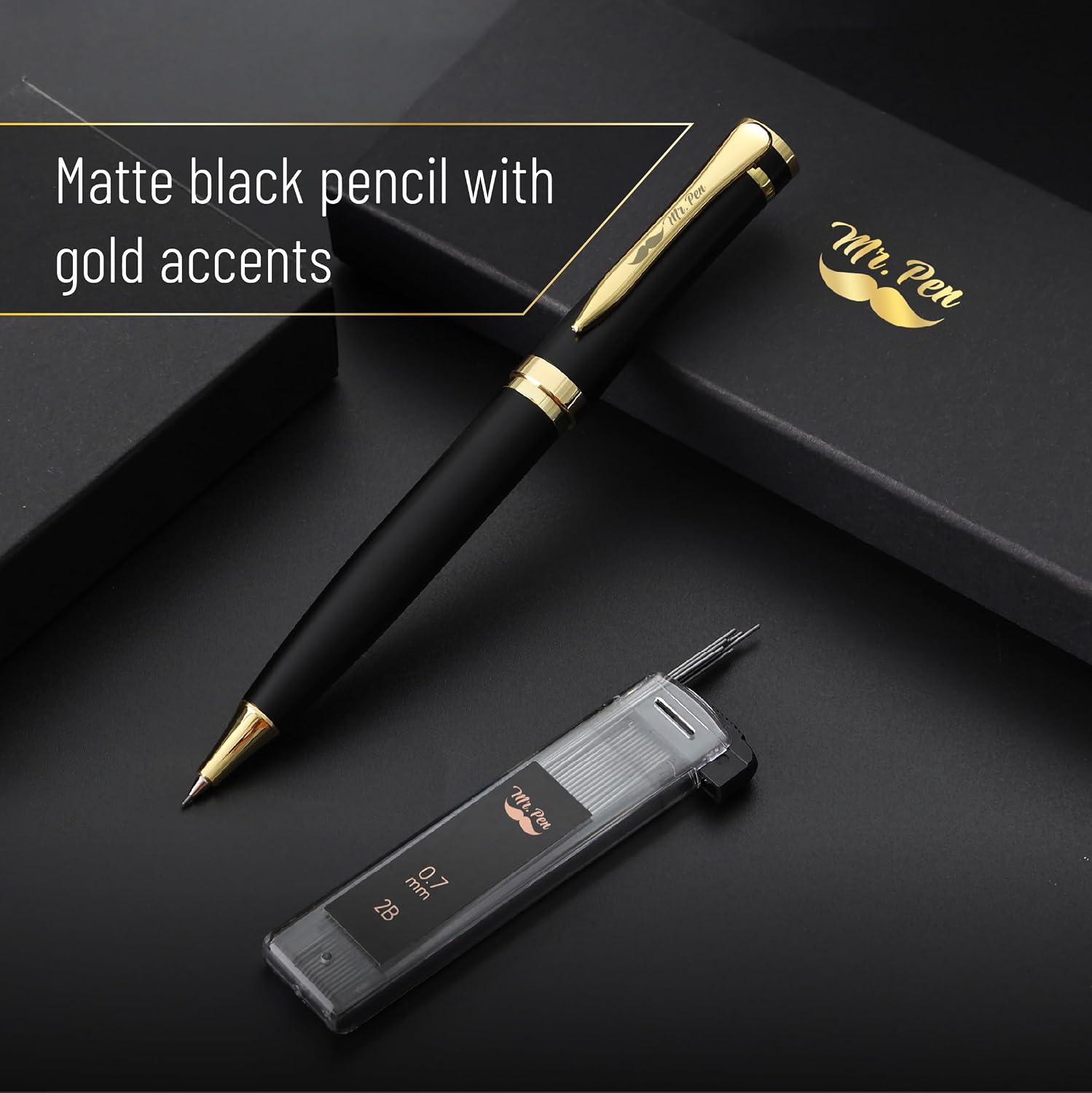 Detalle 2 de Mr. Pen 0.7mm 金属製シャープペンシル ブラック×ゴールド、2B芯ケース・ギフトボックス付き