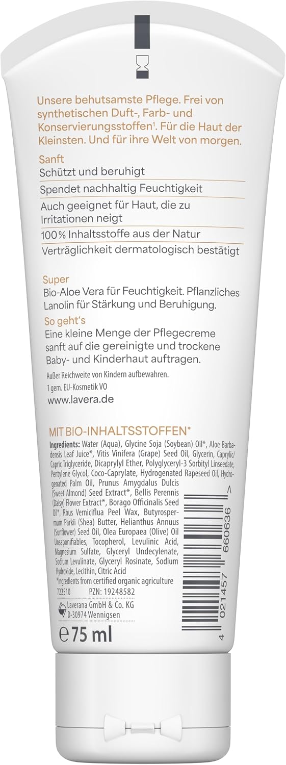 Detalle 2 de lavera Baby- en kinderverzorgingscrème voor gezicht en lichaam, parfumvrij, 75 ml