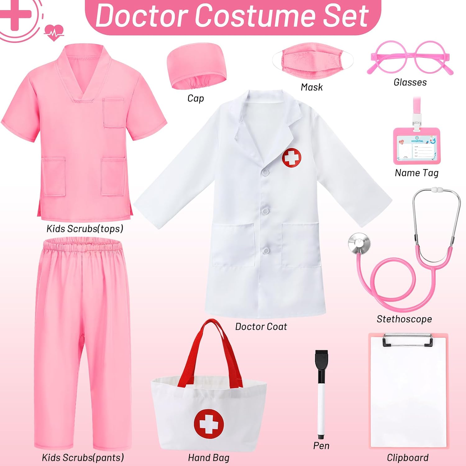 Detalle 2 de Wuclad Kids Doctor Costume Set, 12-Piece Scrubs, Lab Coat and Accessories