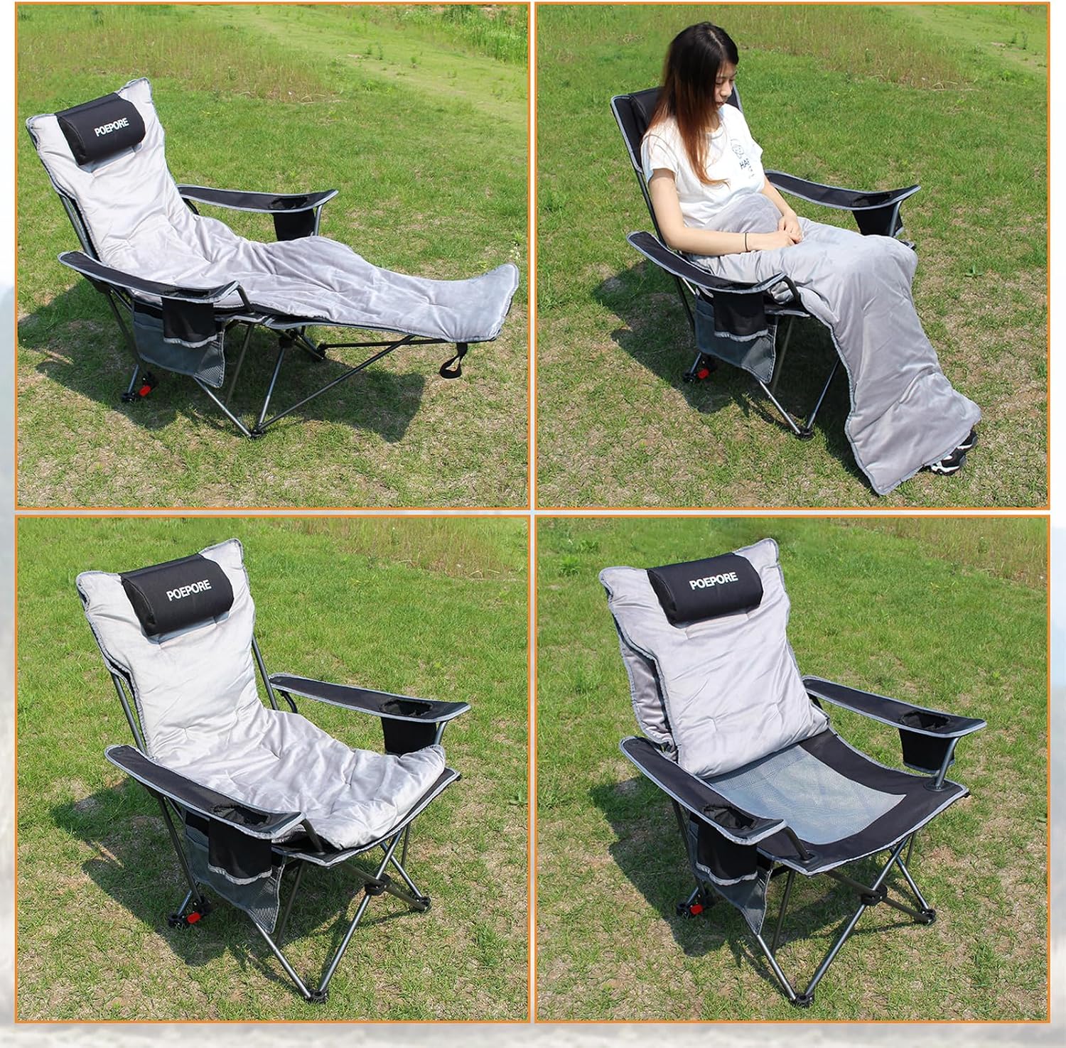 Detalle de POEPORE Reclining Camping Chair 4-Position with Foot Rest – Deluxe Folding Lounger