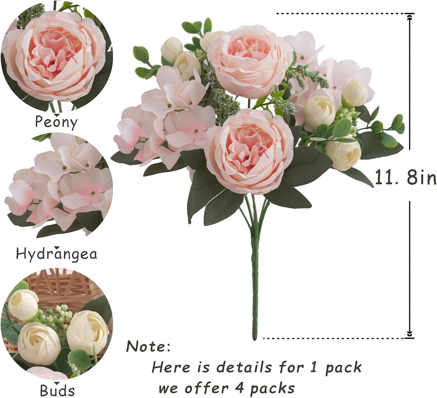 Detalle 2 de karoro Artificial Peony Bouquet, 4 Bunches