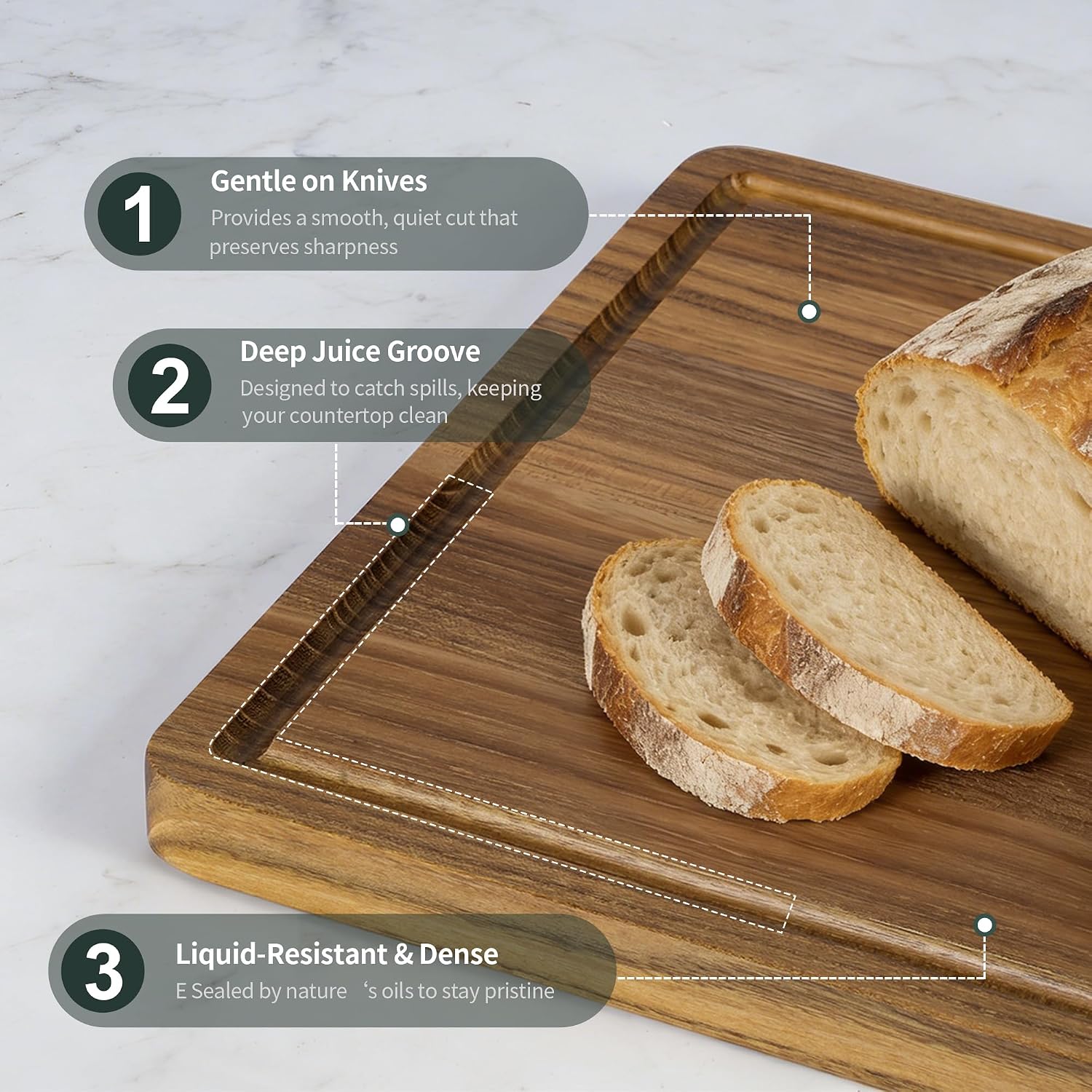 Detalle de WILLKOMMEN Teak Wood Cutting Board, 40 x 28 cm with Juice Groove and Handles
