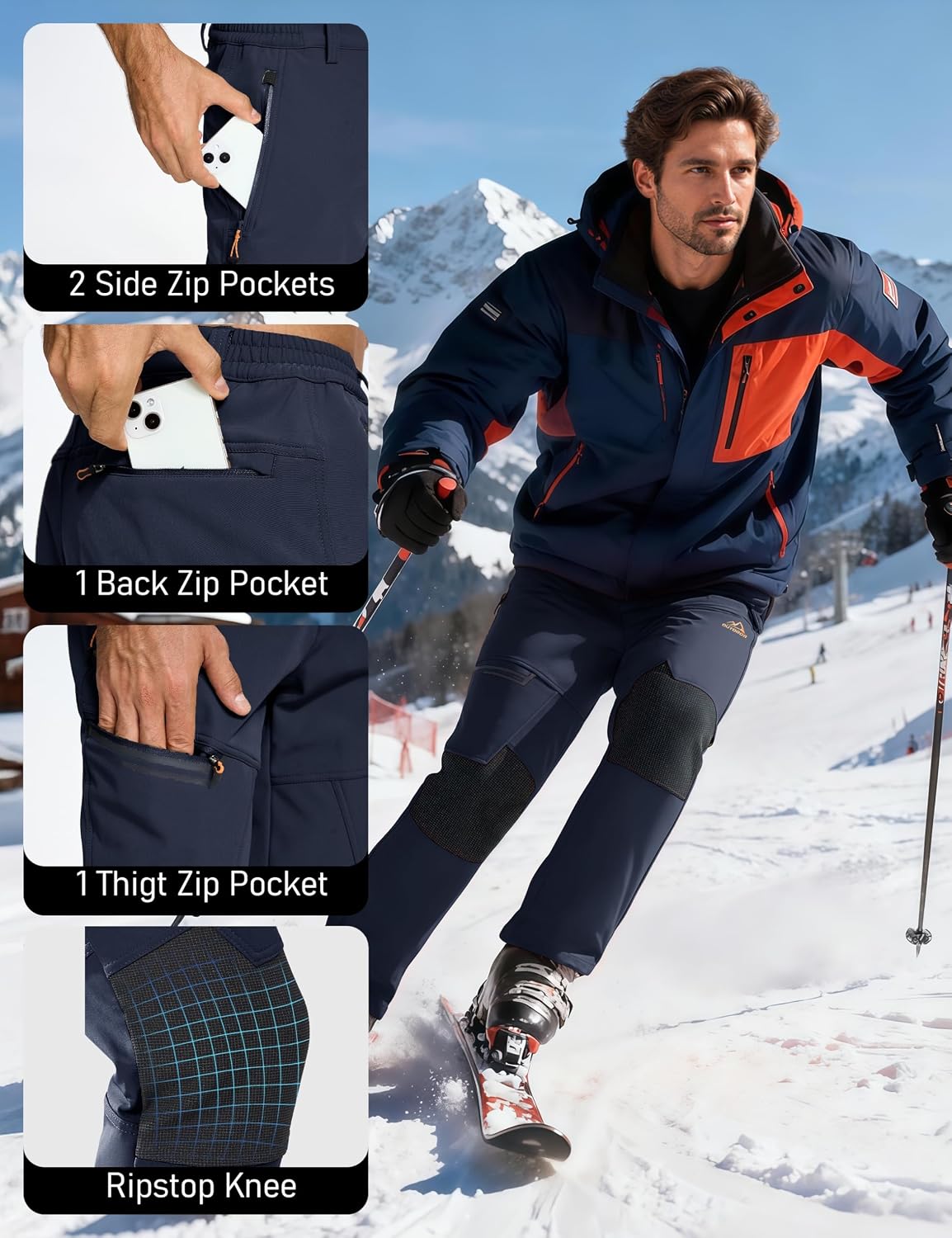 Detalle 1 de MAGCOMSEN MCS966-110 Men's Winter Ski Pants, Fleece-Lined, Water-Resistant