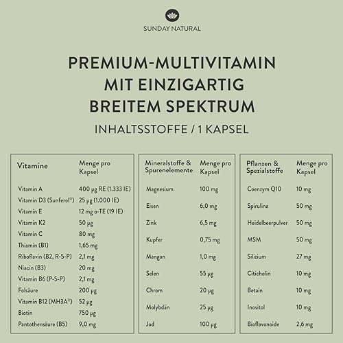 Detalle de SUNDAY NATURAL Multivitamin Komplex All in One – vegane Kapseln mit über 30 Nährstoffen