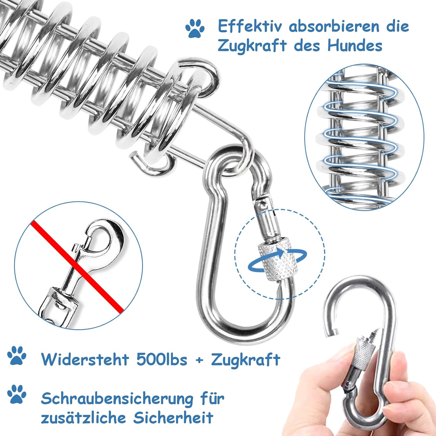 Detalle 2 de Hofleine für große Hunde – 15 m Laufleine mit Feder, rostfreiem Haken und reflektierender Beschichtung