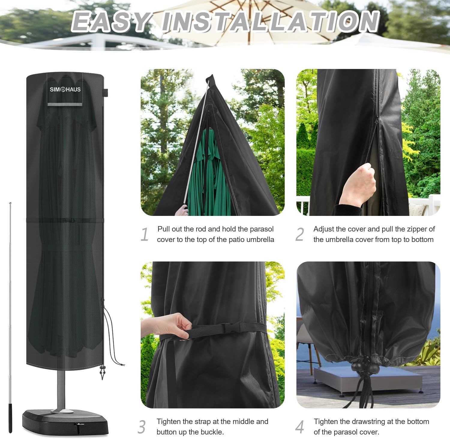 Detalle 2 de SIMPHAUS Patio Umbrella Cover with Rod (280x70/70cm) – double sided, waterproof and windproof