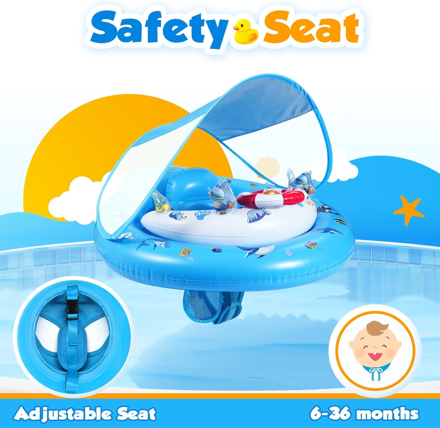 Thumbnail 1 de Baby Pool Float with Canopy UPF50+ Sun Protection (Adjustable Safety Seat) for Ages 6–36 Months