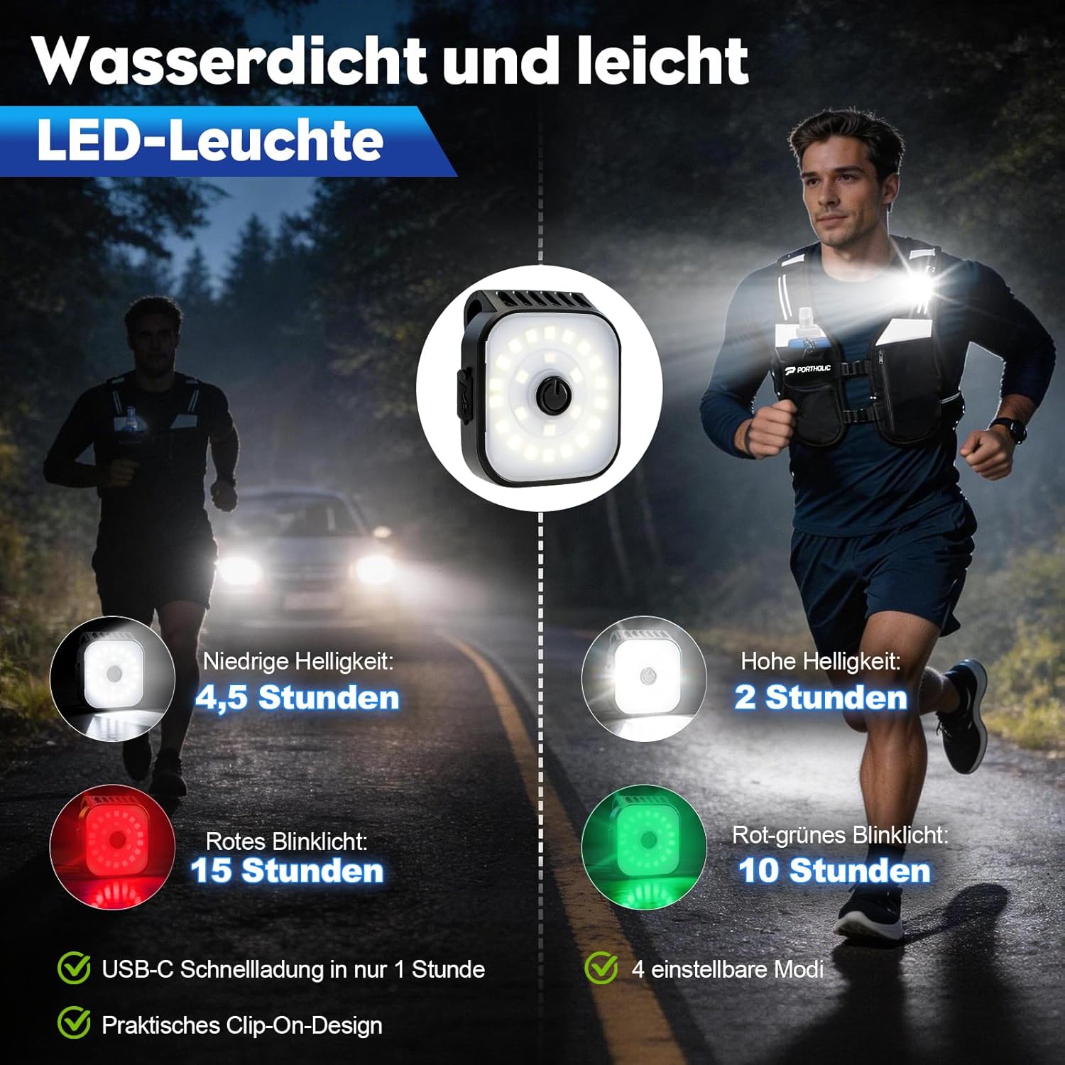 Thumbnail 4 de PORTHOLIC Laufweste Trinkweste mit 2×500 ml Softflaschen, LED & 360° Reflexstreifen