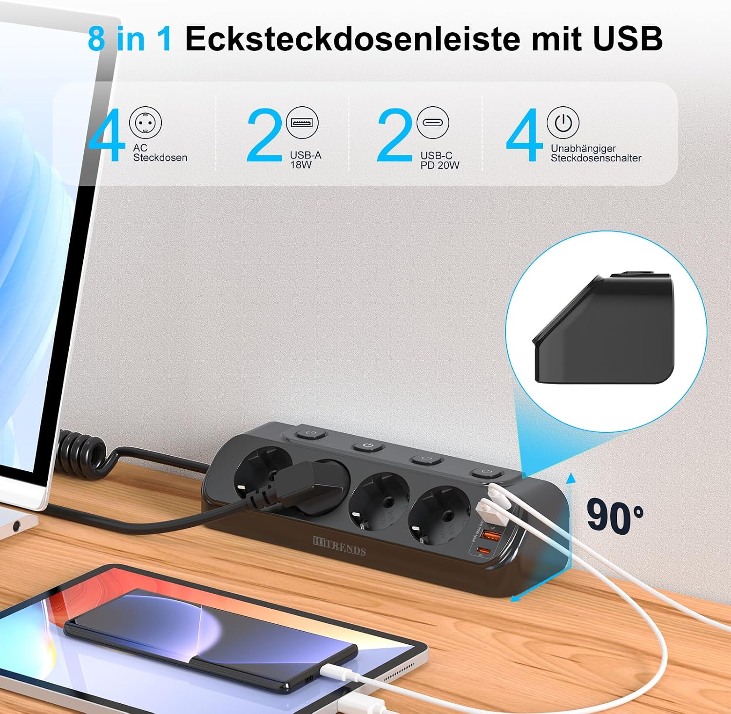 Detalle 2 de HITRENDS Black bordsuttag med USB-C PD 20 W och fyra strömbrytare