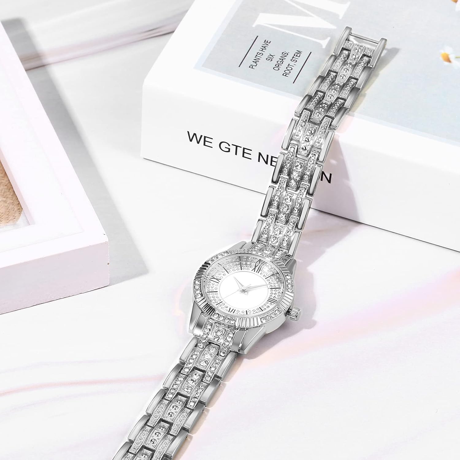 Detalle de JewelryWe Armbanduhr Damen Elegant Strass – Rechteckig/Rund, Quarz, Metallarmband