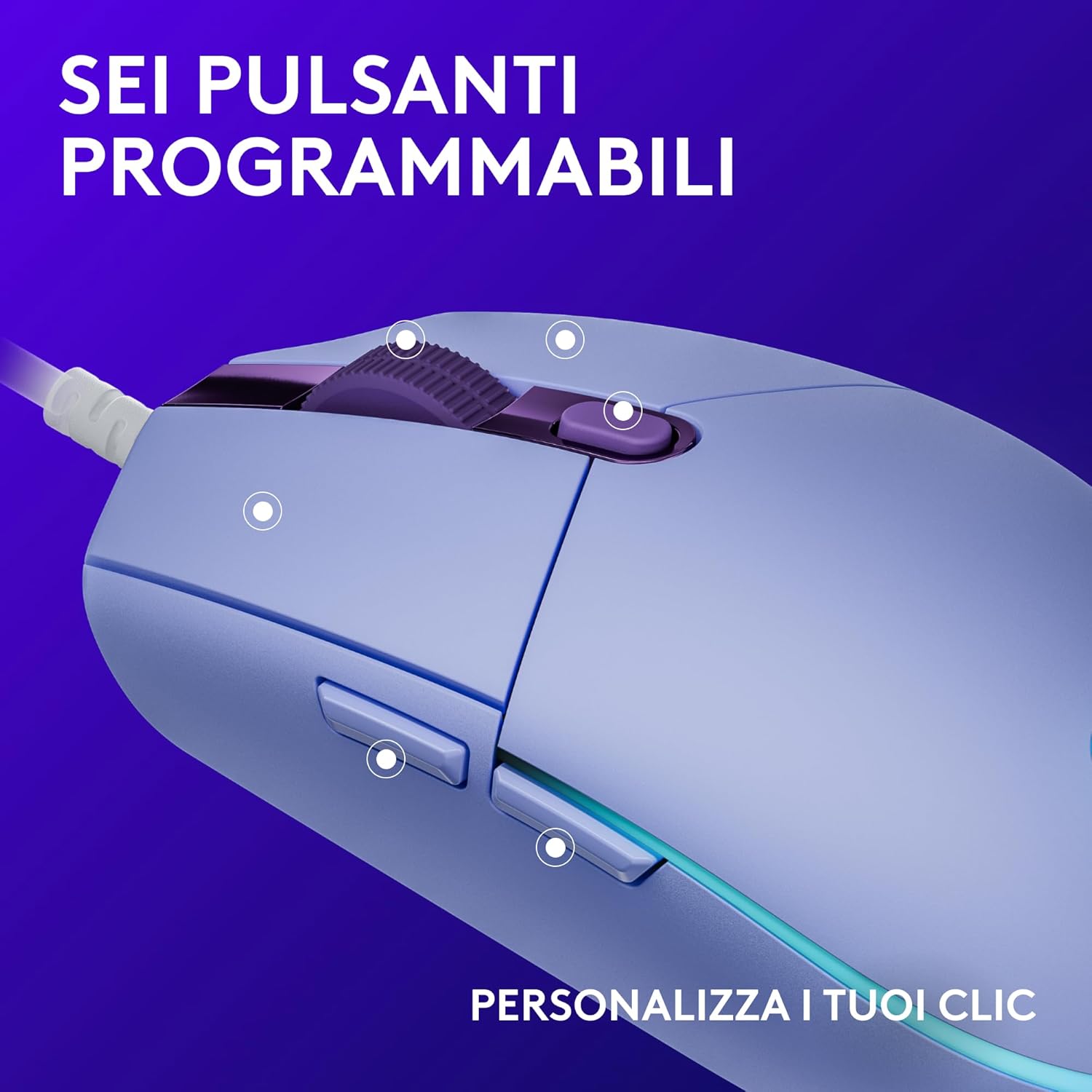 Detalle de Logitech G G203 LIGHTSYNC RGB gaming mouse con illuminazione personalizzabile e sensore fino a 8.000 DPI (lilla)