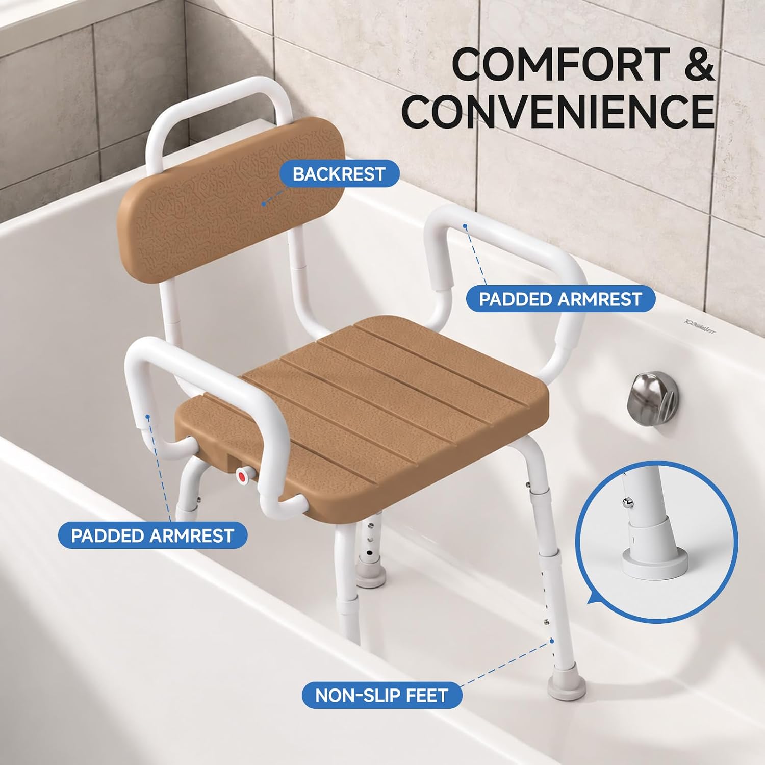 Detalle de Loyoda LSC017 Swivel Shower Chair with Adjustable Height and Removable Arms