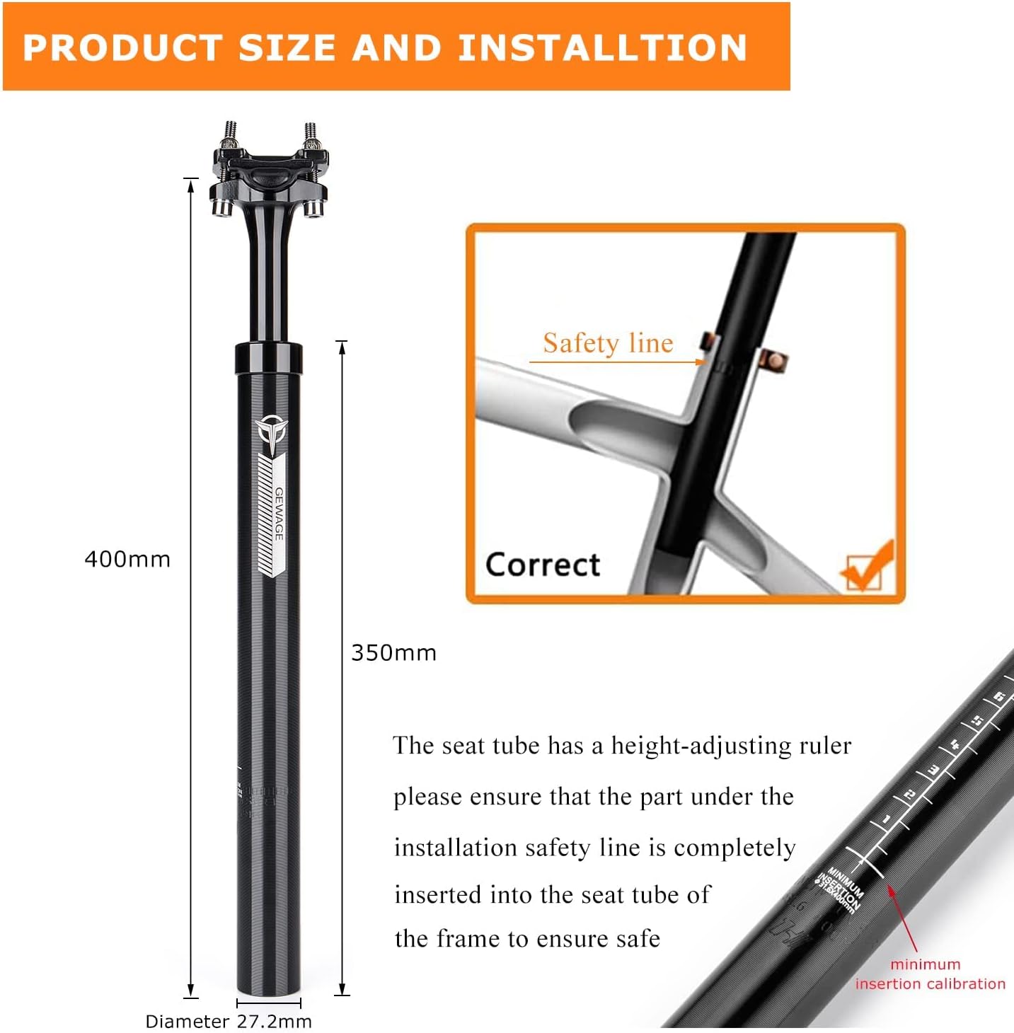 Thumbnail 4 de GEWAGE Tige de selle à ressort en aluminium 6061-T6 avec diamètre 31,6 mm (400 mm) pour MTB, course, BMX et eBike