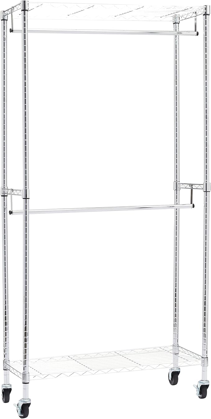 Detalle de Amazon Basics Perchero de ropa doble con ruedas, cromo 🚪